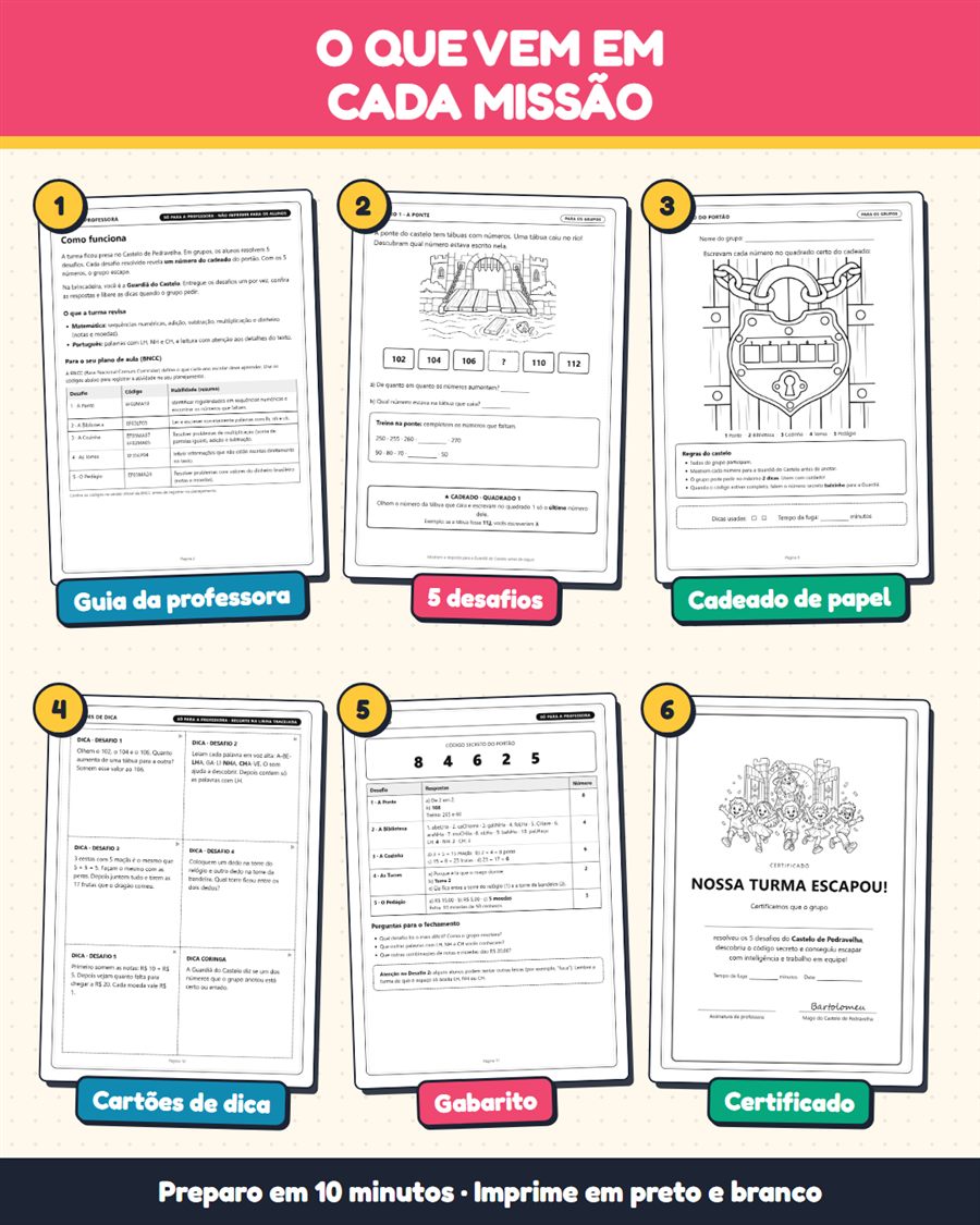 Guia da professora, 5 desafios, cadeado de papel, cartões de dica, gabarito e certificado