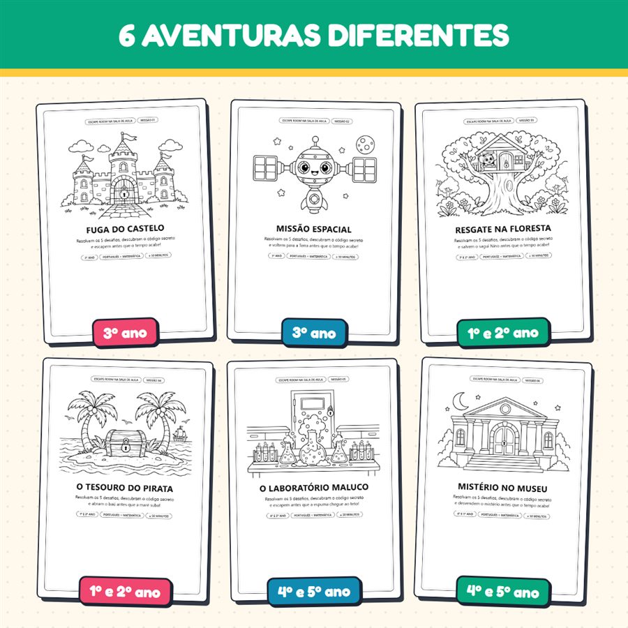 Capas das 6 missões com o ano indicado